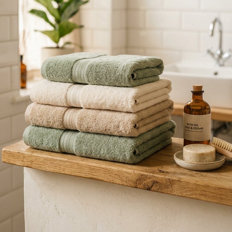 Towels neatly folded in a tidy bathroom