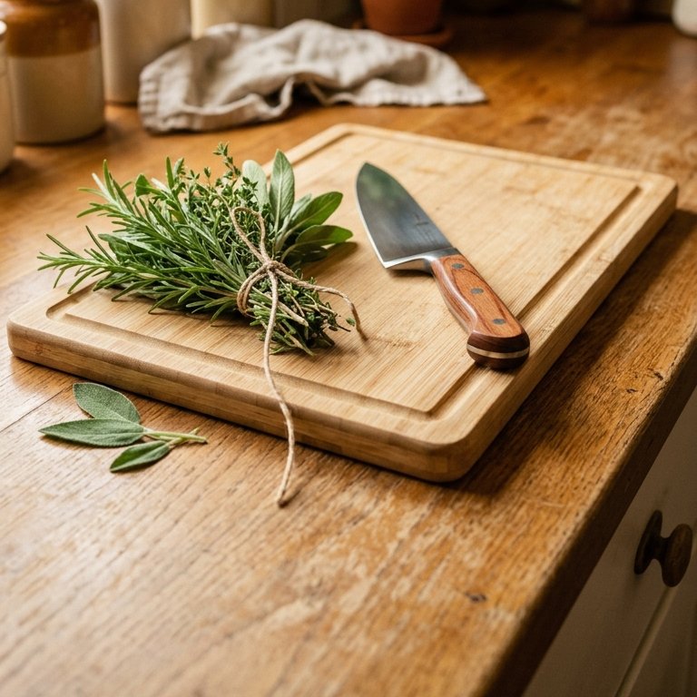 Bamboo cutting board with fresh herbs and knife on oak counter