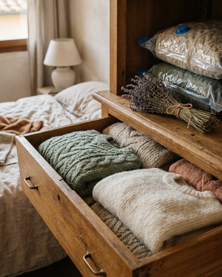 Garments folded and stored with care for the change of season