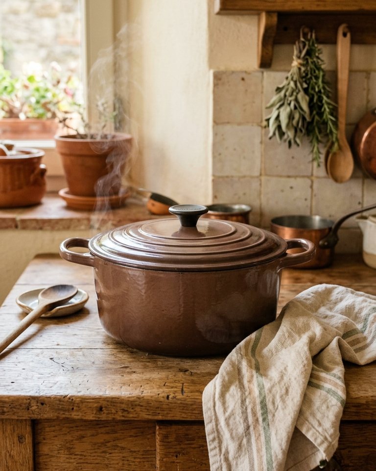 Cocoa cast-iron casserole on a kitchen counter