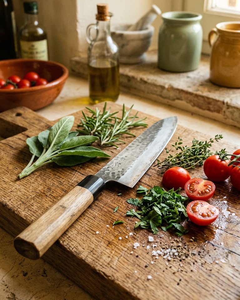 20 cm Japanese steel chef's knife on a cutting board