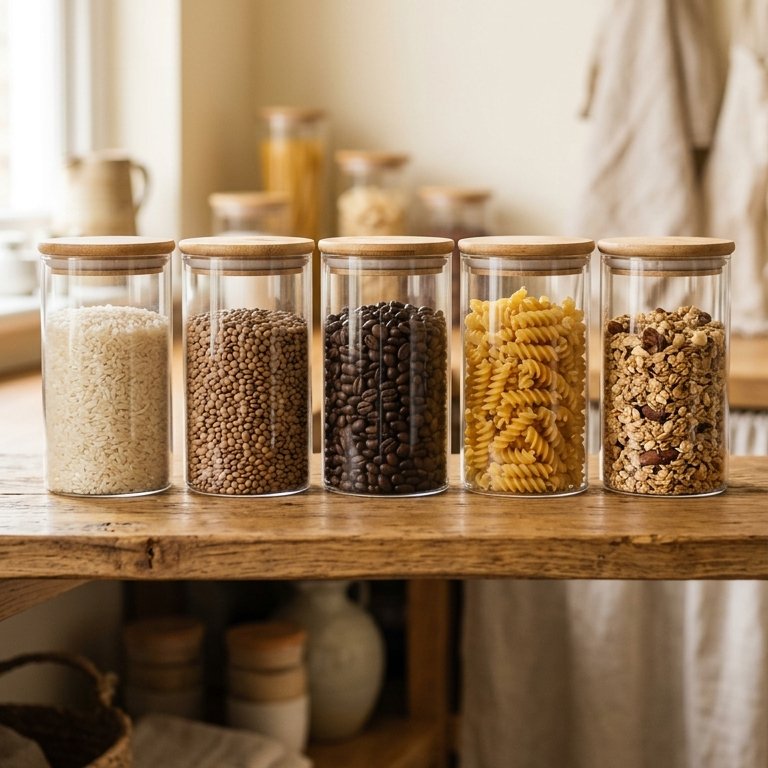 A set of airtight glass containers with pasta and cereals in the pantry