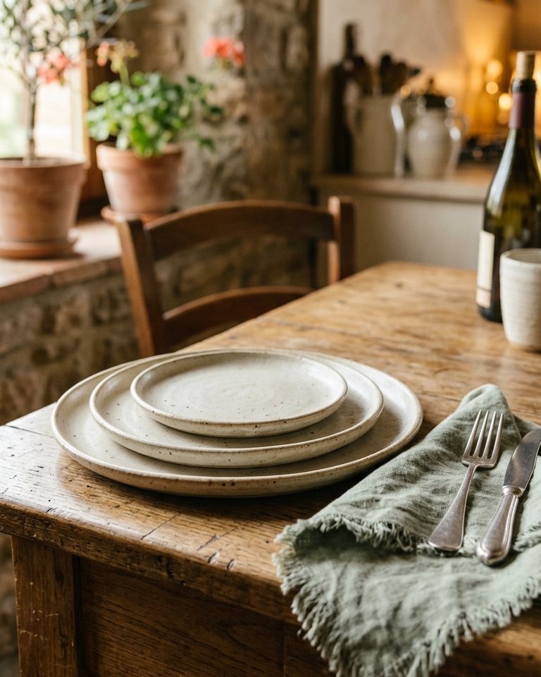 Cream stoneware dinner set on a dining table