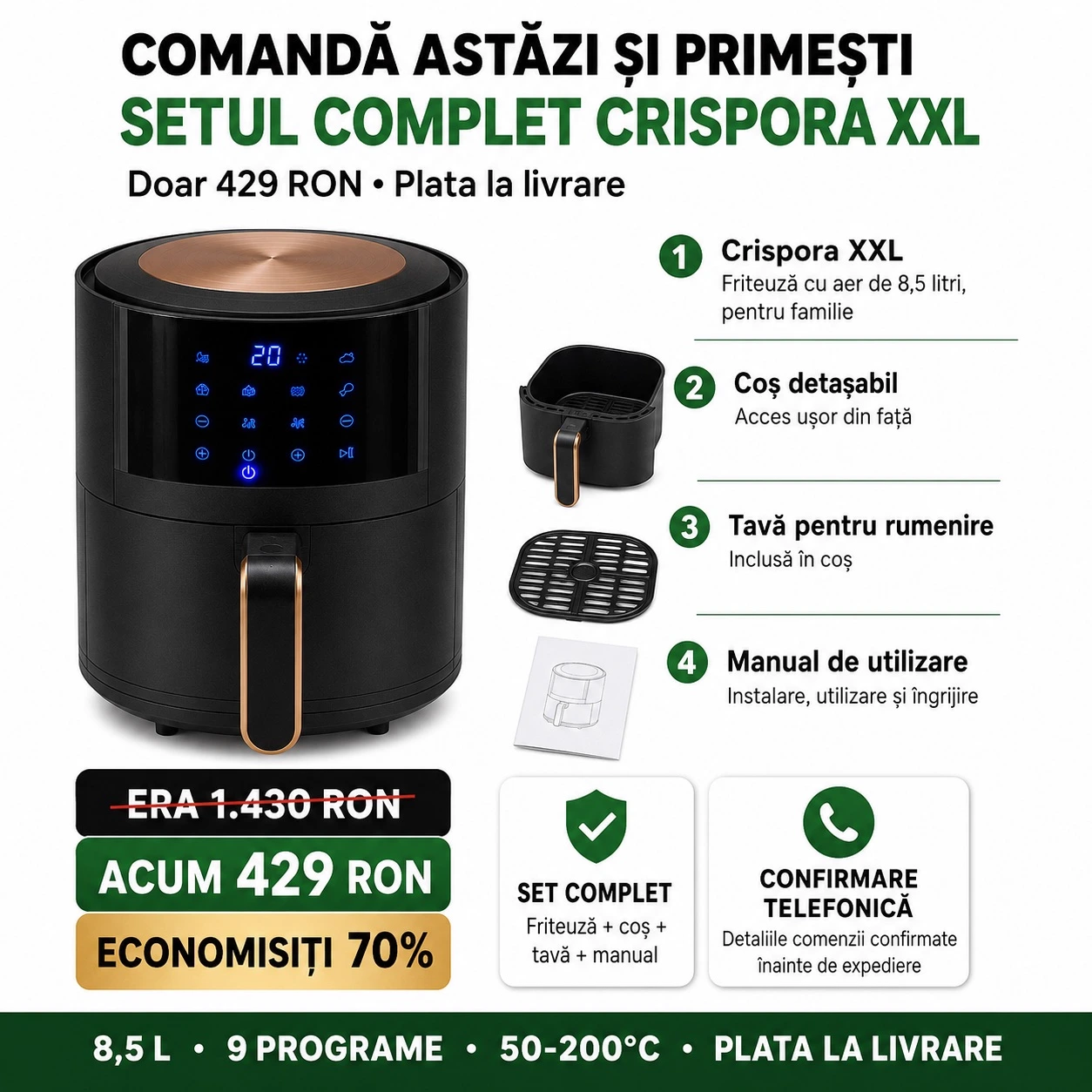 Set complet Crispora XXL cu friteuza cu aer, coș detașabil, tavă pentru rumenire, manual de utilizare, pret 429 RON si detalii plata la livrare