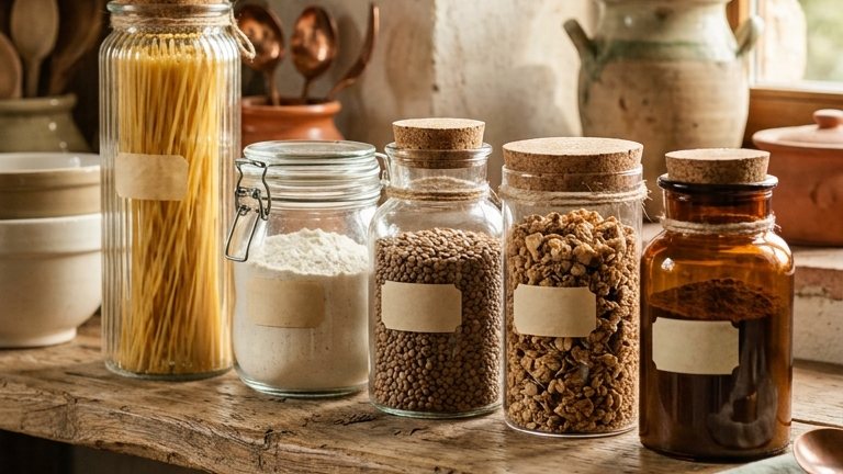 A pantry organised with labelled containers for pasta, flour and legumes