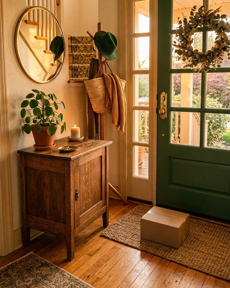 Home entrance at sunset with a freshly delivered parcel by the door