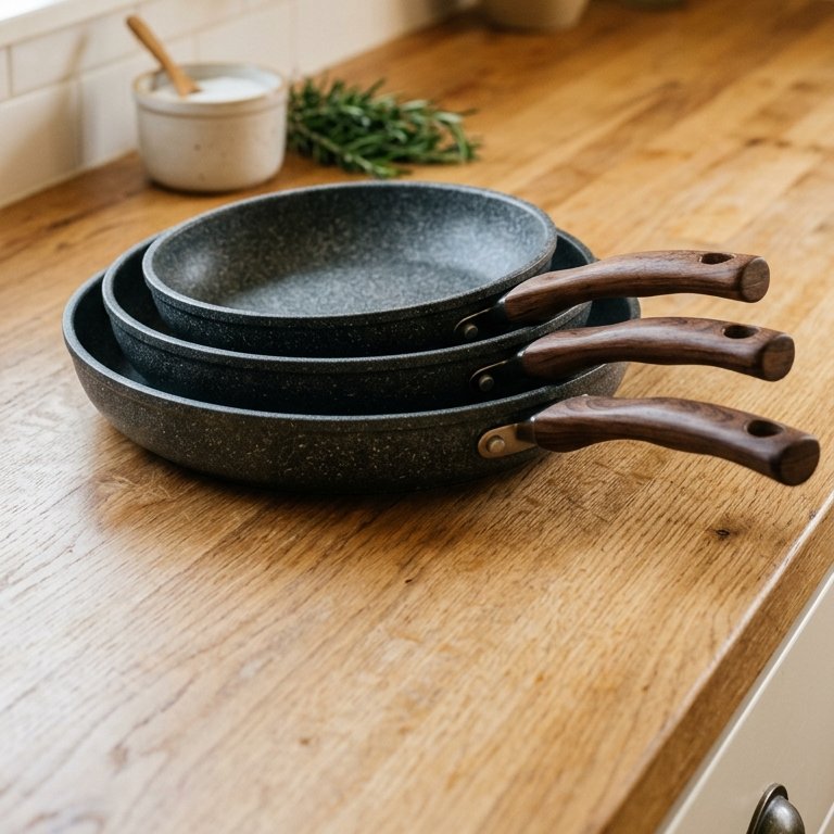 Set of three non-stick pans stacked on an oak counter