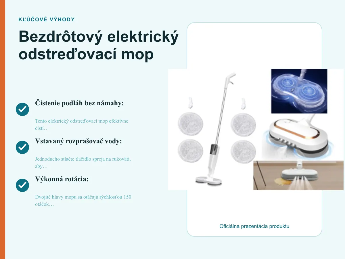 Kľúčové výhody: Bezdrôtový elektrický odstreďovací mop