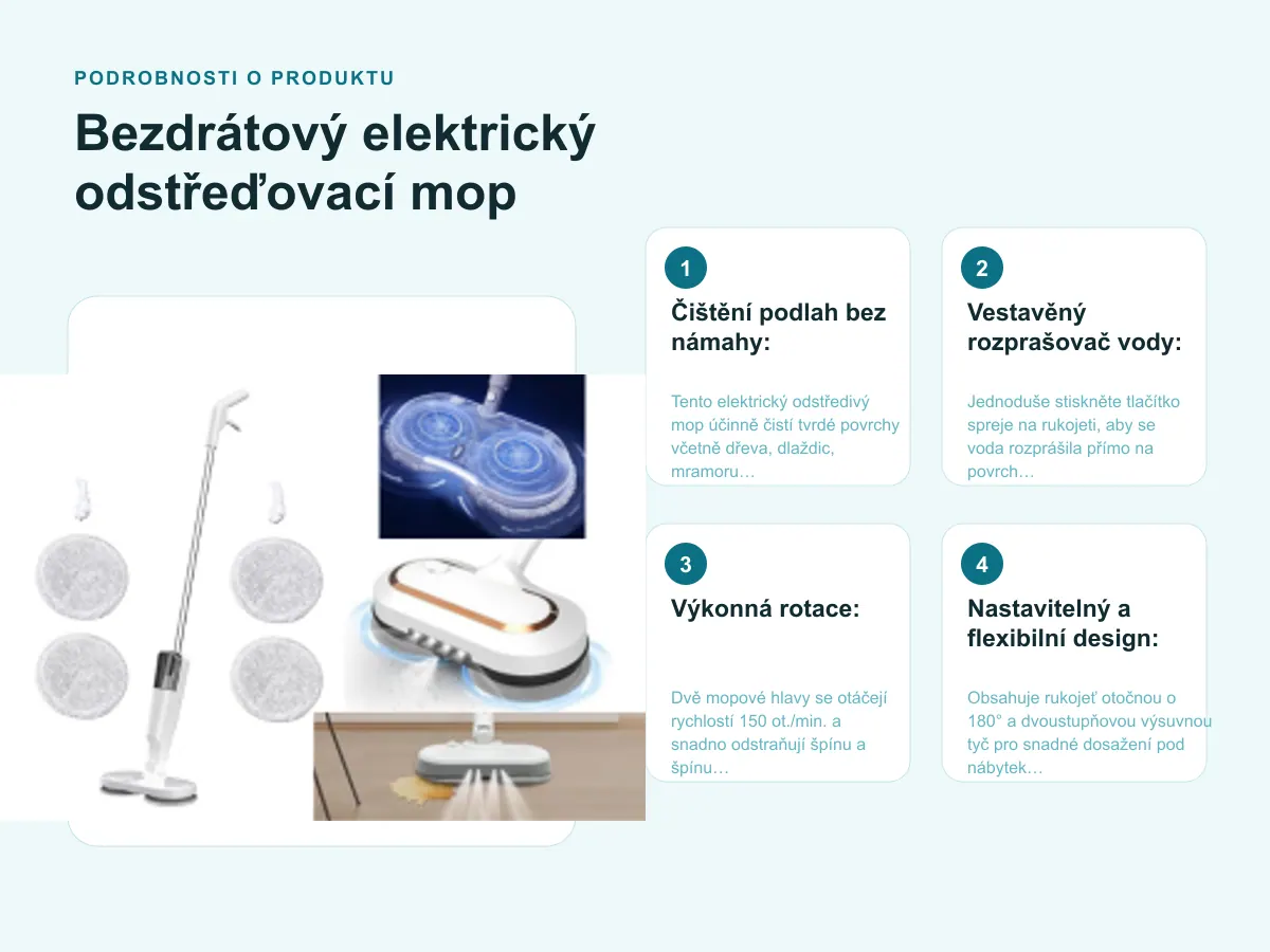 Podrobnosti o produktu: Bezdrátový elektrický odstřeďovací mop