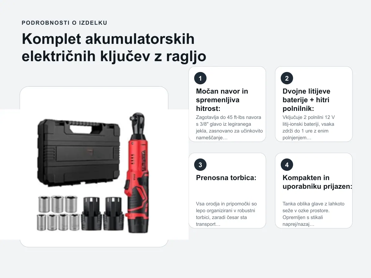 Podrobnosti o izdelku: Komplet akumulatorskih električnih ključev z ragljo