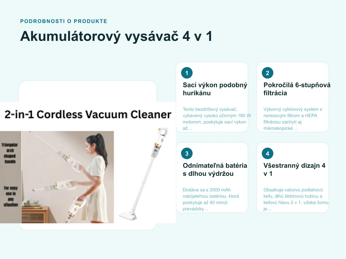 Podrobnosti o produkte: Akumulátorový vysávač 4 v 1