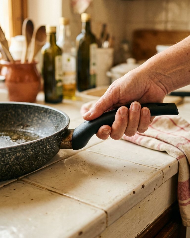 Close-up of the non-slip soft-touch handle, staying cool during cooking
