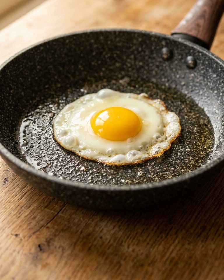 A fried egg sliding off the stone-effect nonstick coating