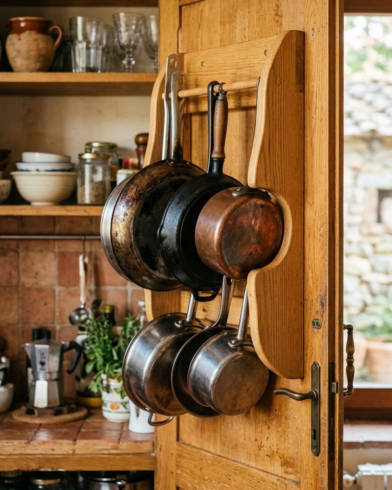 Space-saving pan holder to mount on the cabinet door