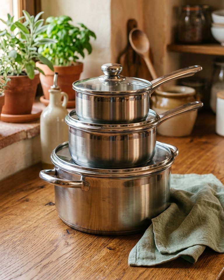 Set of 3 stacked stainless steel pots with lids