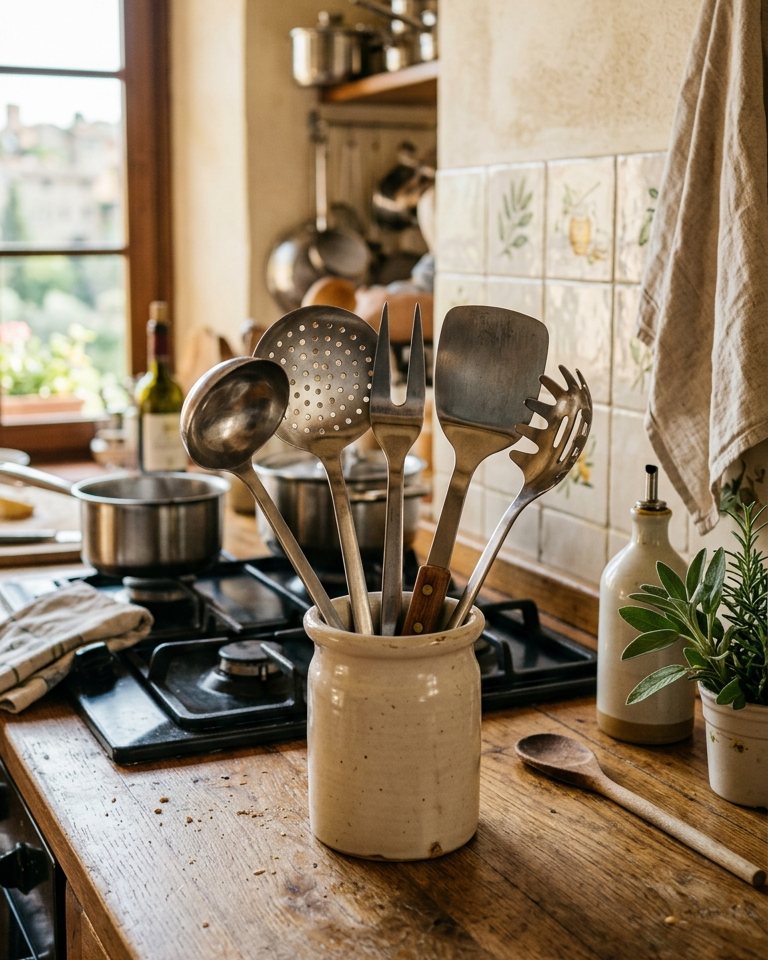 Set of 5 steel kitchen utensils with stand