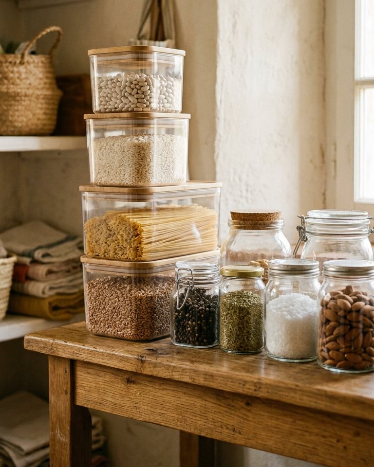 Space-saving containers stacked in an organised pantry