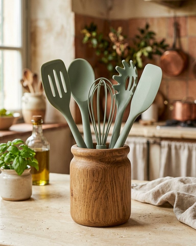 Set of 5 sage-coloured scratch-free silicone kitchen utensils