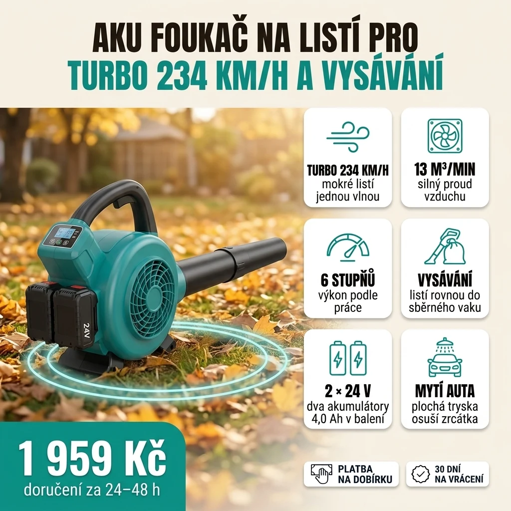 Aku foukač na listí PRO v režimu Turbo na mokrém vjezdu, vedle něj karty s hlavními funkcemi