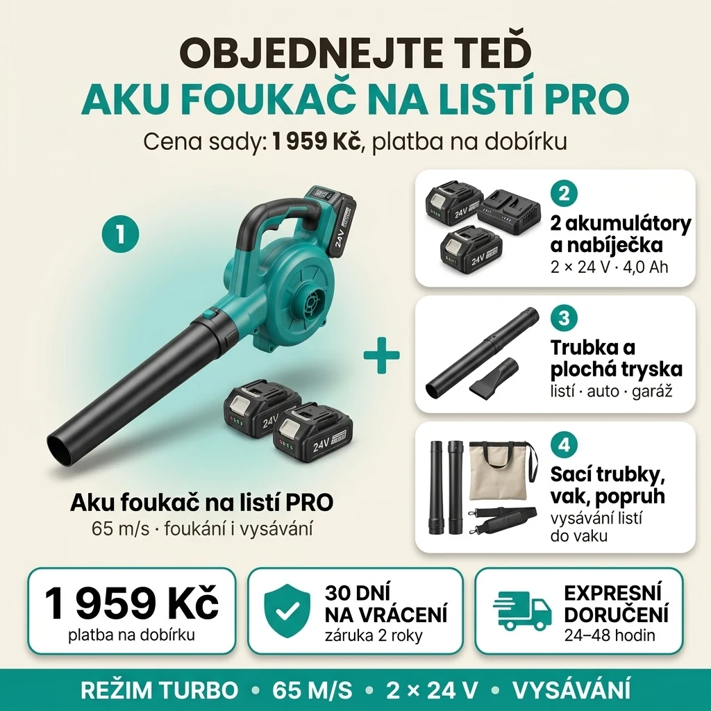 Nabídka aku foukače na listí PRO: sada 8 dílů se dvěma akumulátory za 1 959 Kč, platba na dobírku