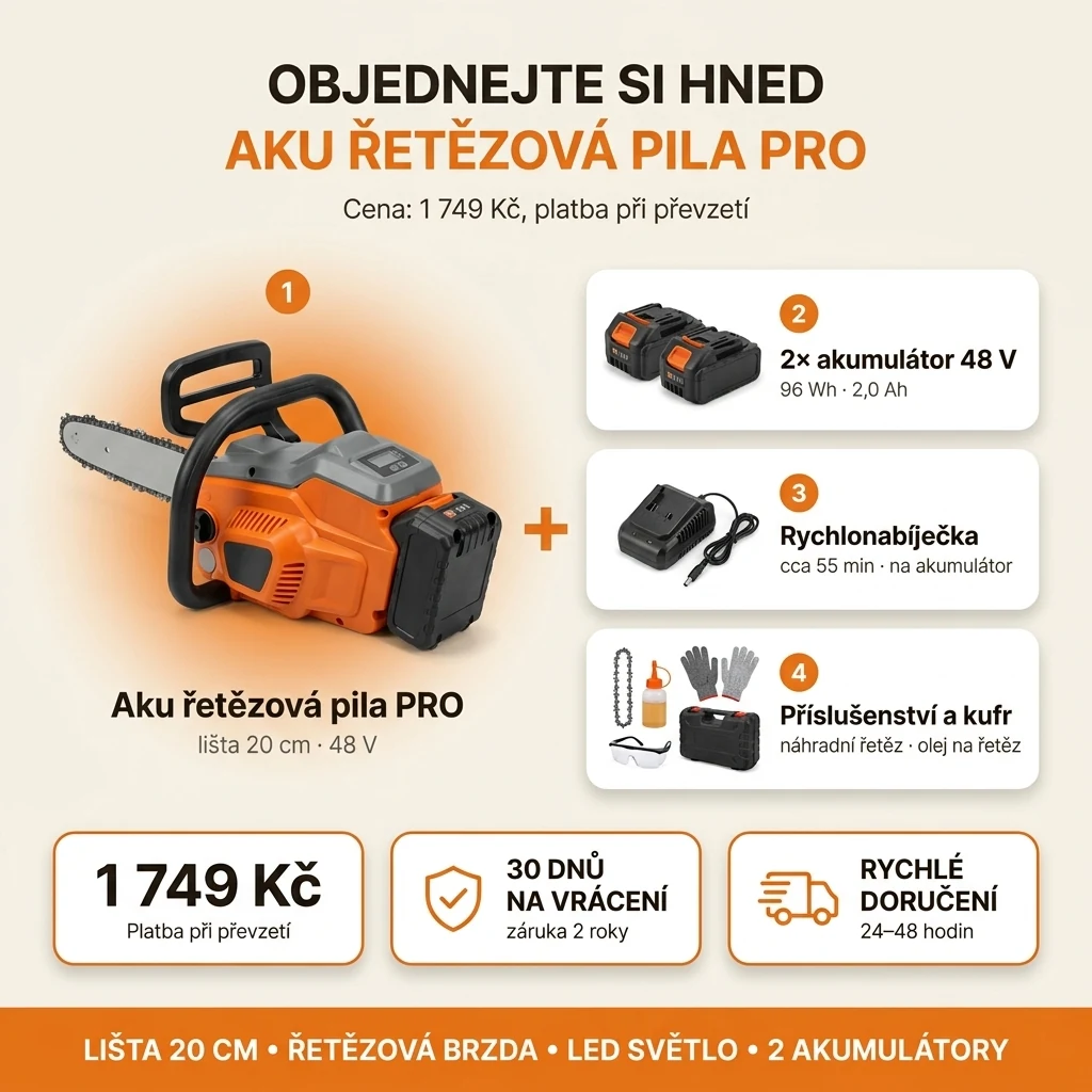 Nabídka Aku řetězové pily PRO: pila, dva akumulátory, rychlonabíječka, příslušenství a kufr, platba při převzetí