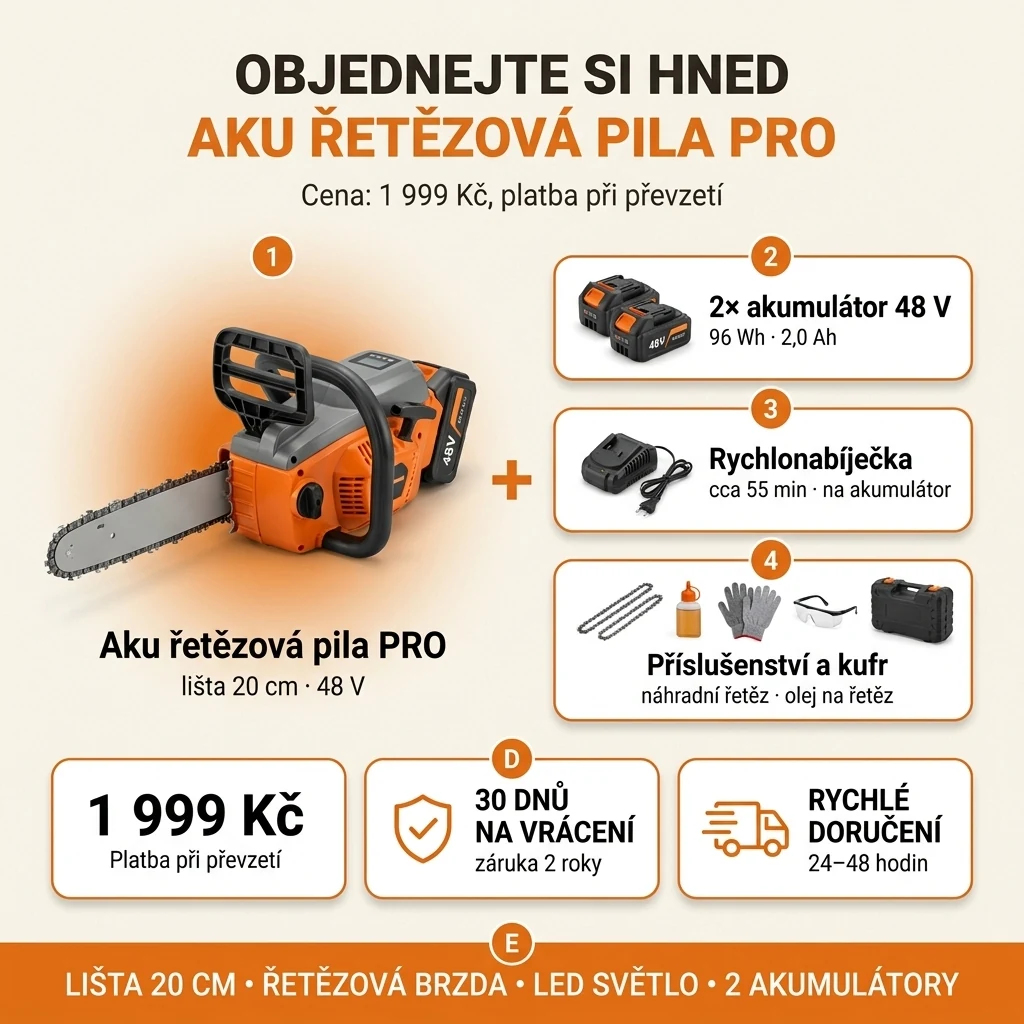 Nabídka Aku řetězové pily PRO: pila, dva akumulátory, rychlonabíječka, příslušenství a kufr, platba při převzetí
