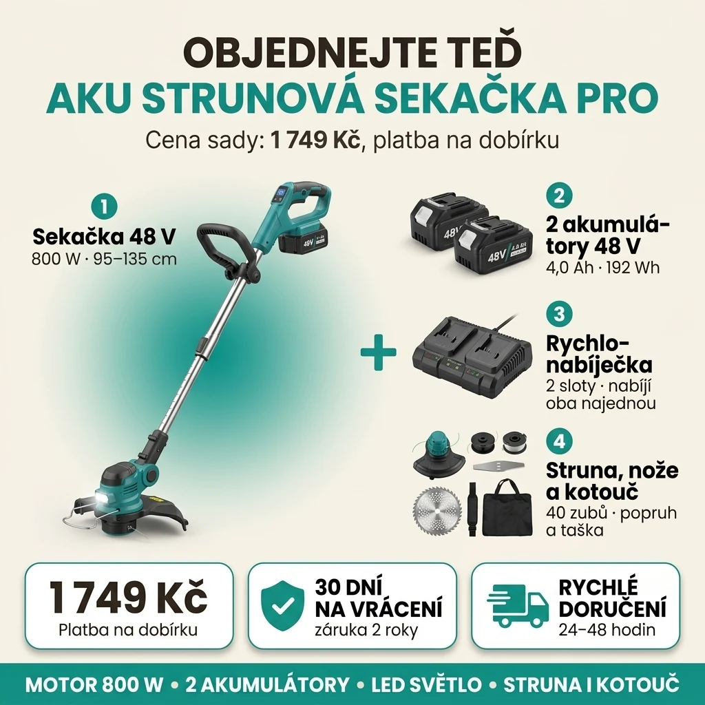 Nabídka Aku strunové sekačky PRO: sekačka 48 V, dva akumulátory, nabíječka, struna, nože a kotouč za 1 749 Kč, platba na dobírku