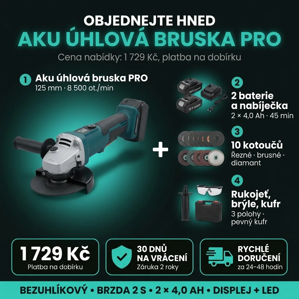 Nabídka Aku úhlová bruska PRO: sada ve 4 položkách, 1 729 Kč, dobírka, vrácení do 30 dnů, doručení za 24–48 hodin