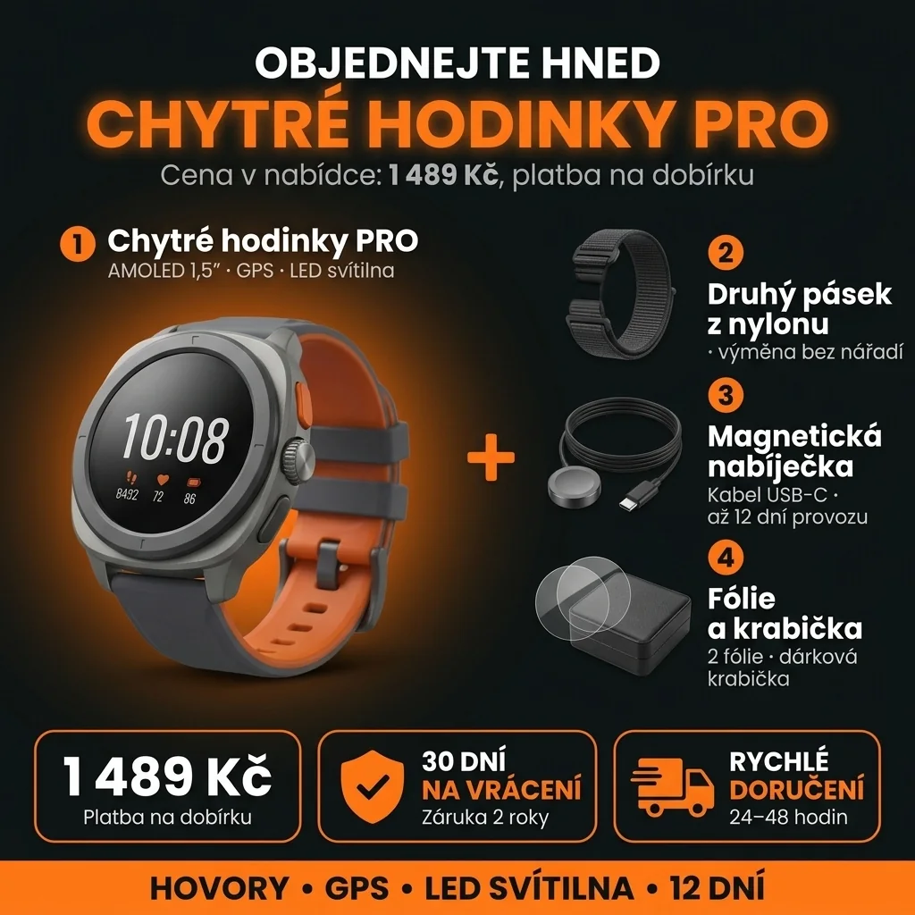 Nabídka Chytré hodinky PRO: hodinky, druhý pásek, nabíječka a krabička, 1 489 Kč, platba na dobírku