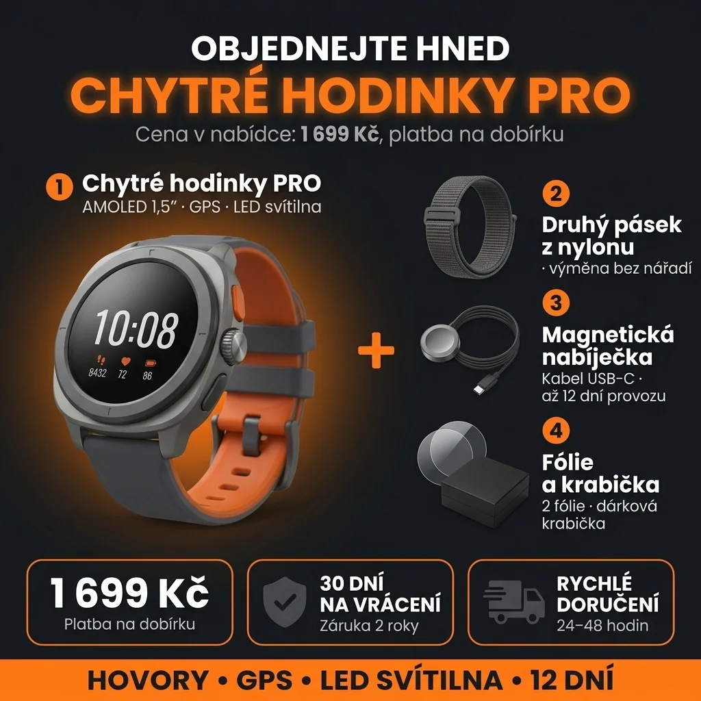 Nabídka Chytré hodinky PRO: hodinky, druhý pásek, nabíječka a krabička, 1 699 Kč, platba na dobírku