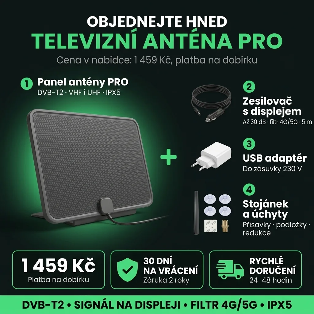 Nabídka Televizní anténa PRO: panel, zesilovač s displejem a sada k montáži, 1 459 Kč, platba na dobírku