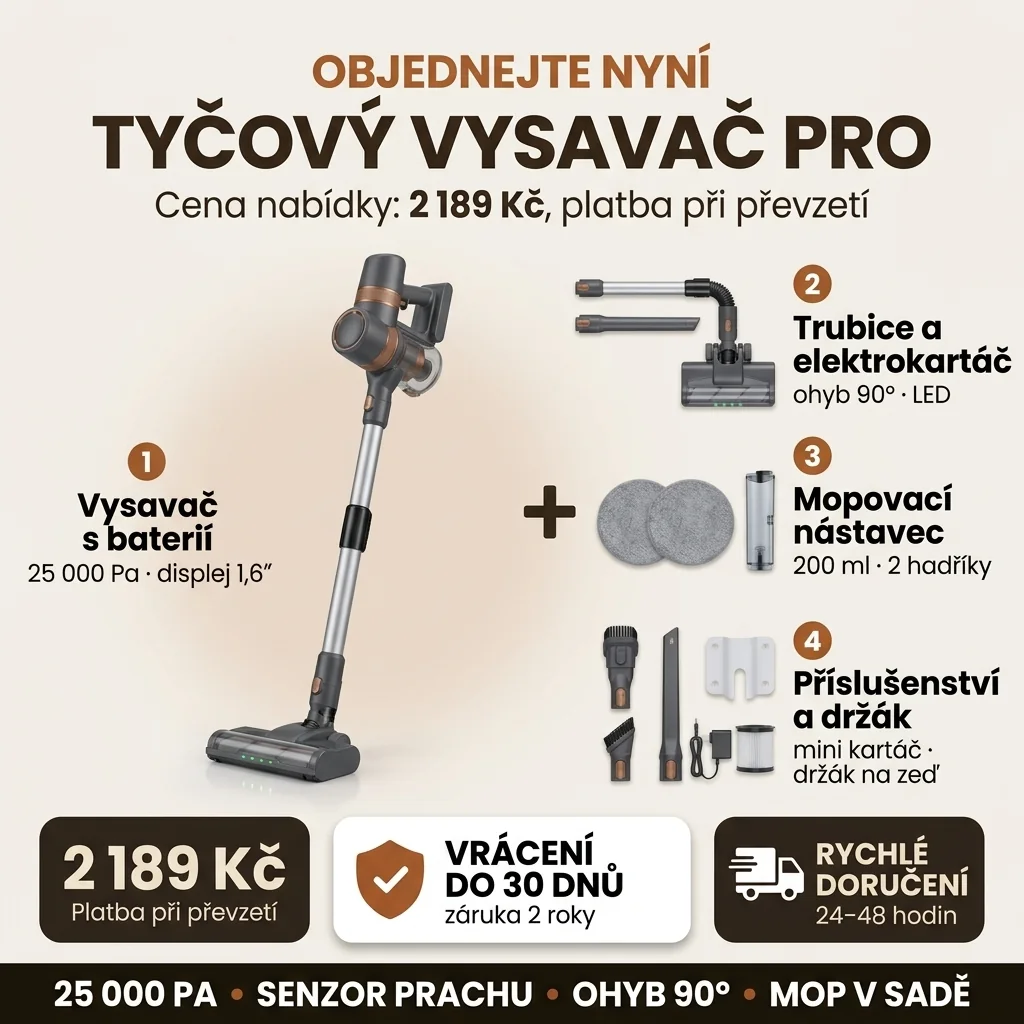 Nabídka Tyčový vysavač PRO: 11dílná sada, 2 189 Kč, dobírka zdarma, vrácení do 30 dnů, doručení za 24–48 hodin