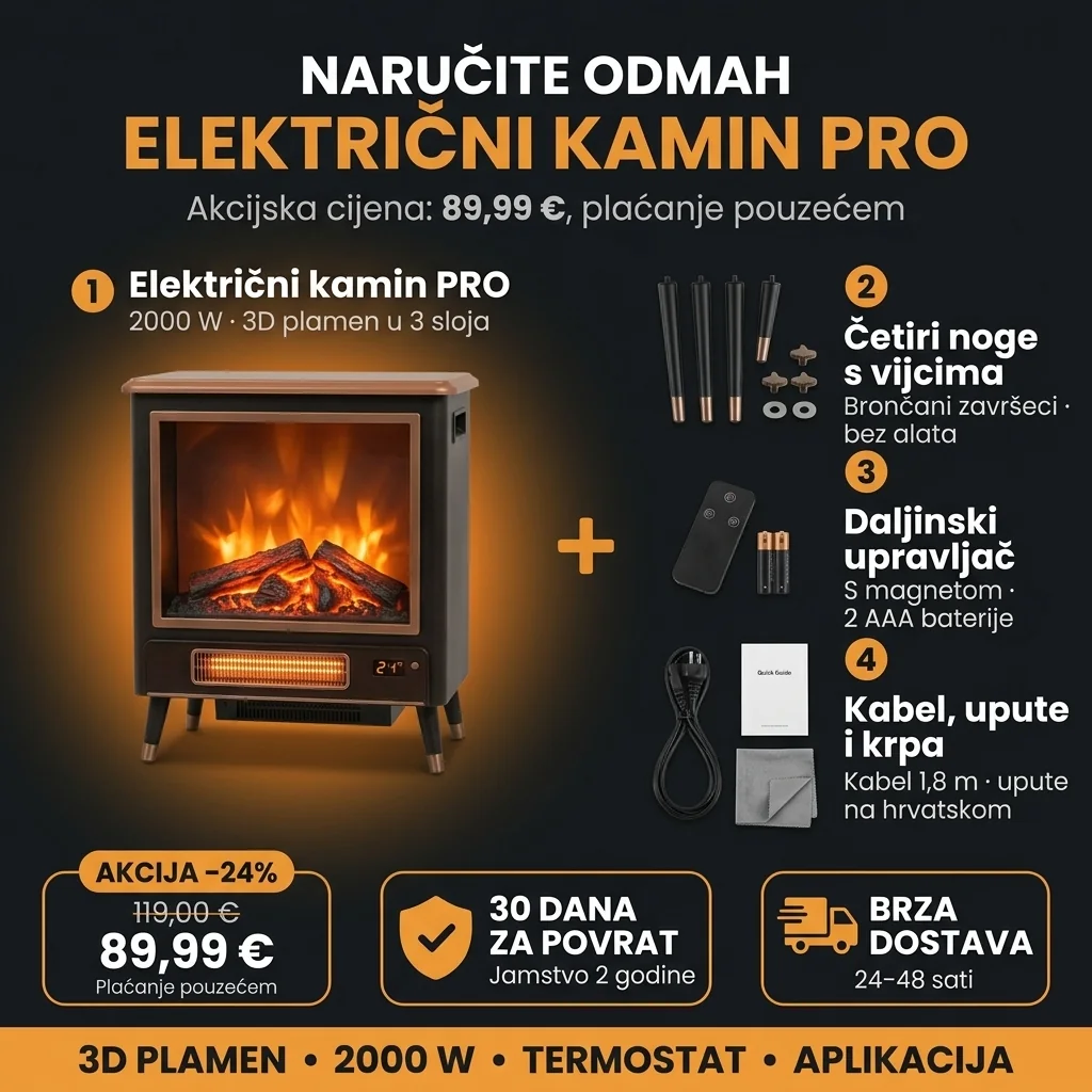 Ponuda za Električni kamin PRO: kamin, četiri noge s vijcima, daljinski upravljač te kabel, upute i krpa, 89,99 €, plaćanje pouzećem