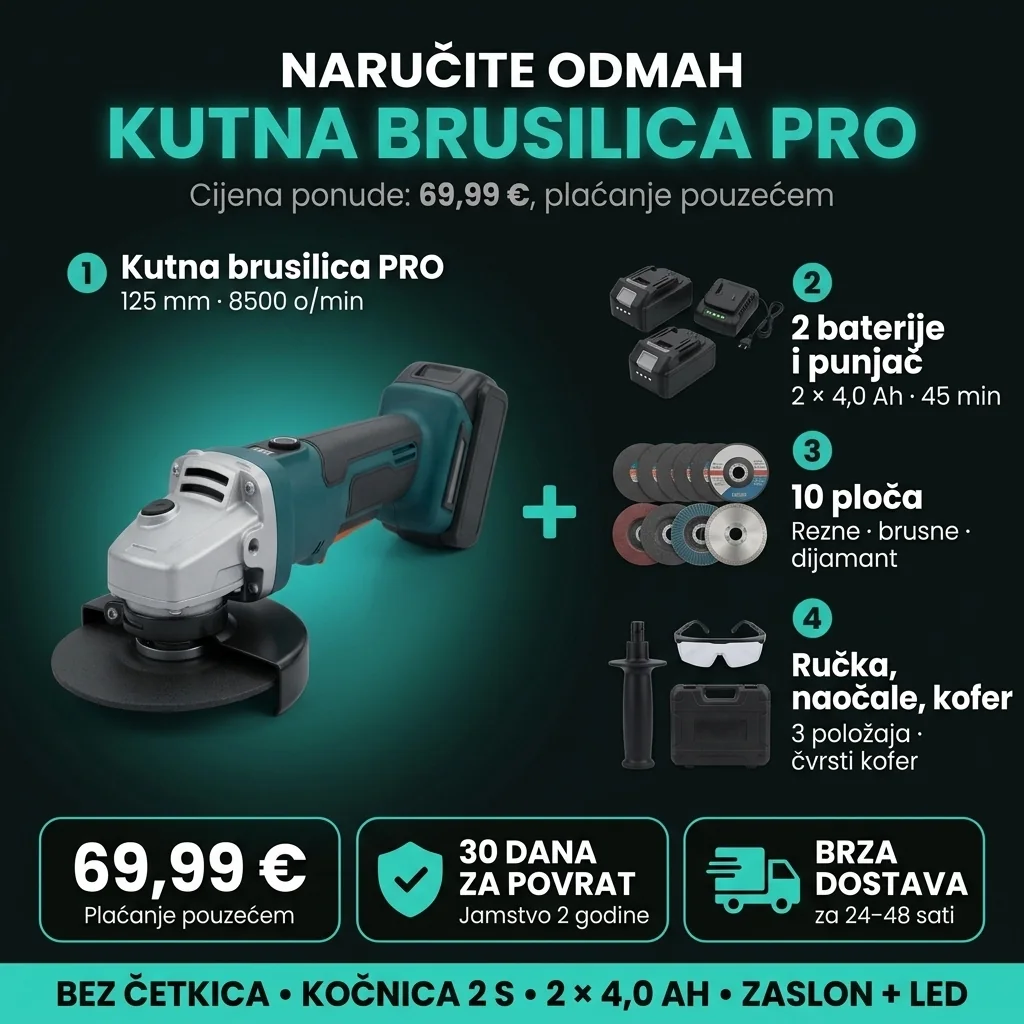 Ponuda Kutna brusilica PRO: komplet u 4 stavke, 69,99 €, plaćanje pouzećem, povrat u roku od 30 dana, dostava za 24–48 sati