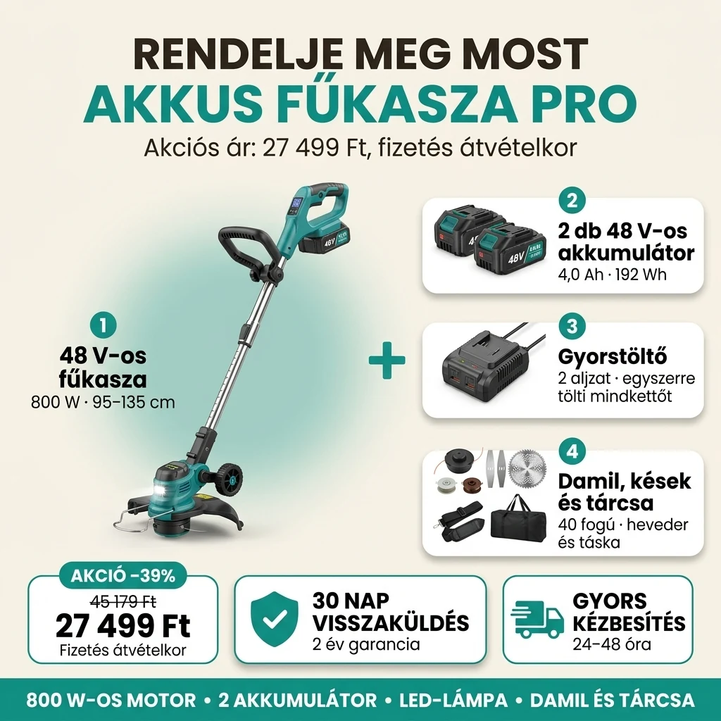 Az Akkus fűkasza PRO ajánlata: fűkasza, két akkumulátor, töltő, damil, kések és tárcsa, 45 179 Ft helyett 27 499 Ft, fizetés átvételkor