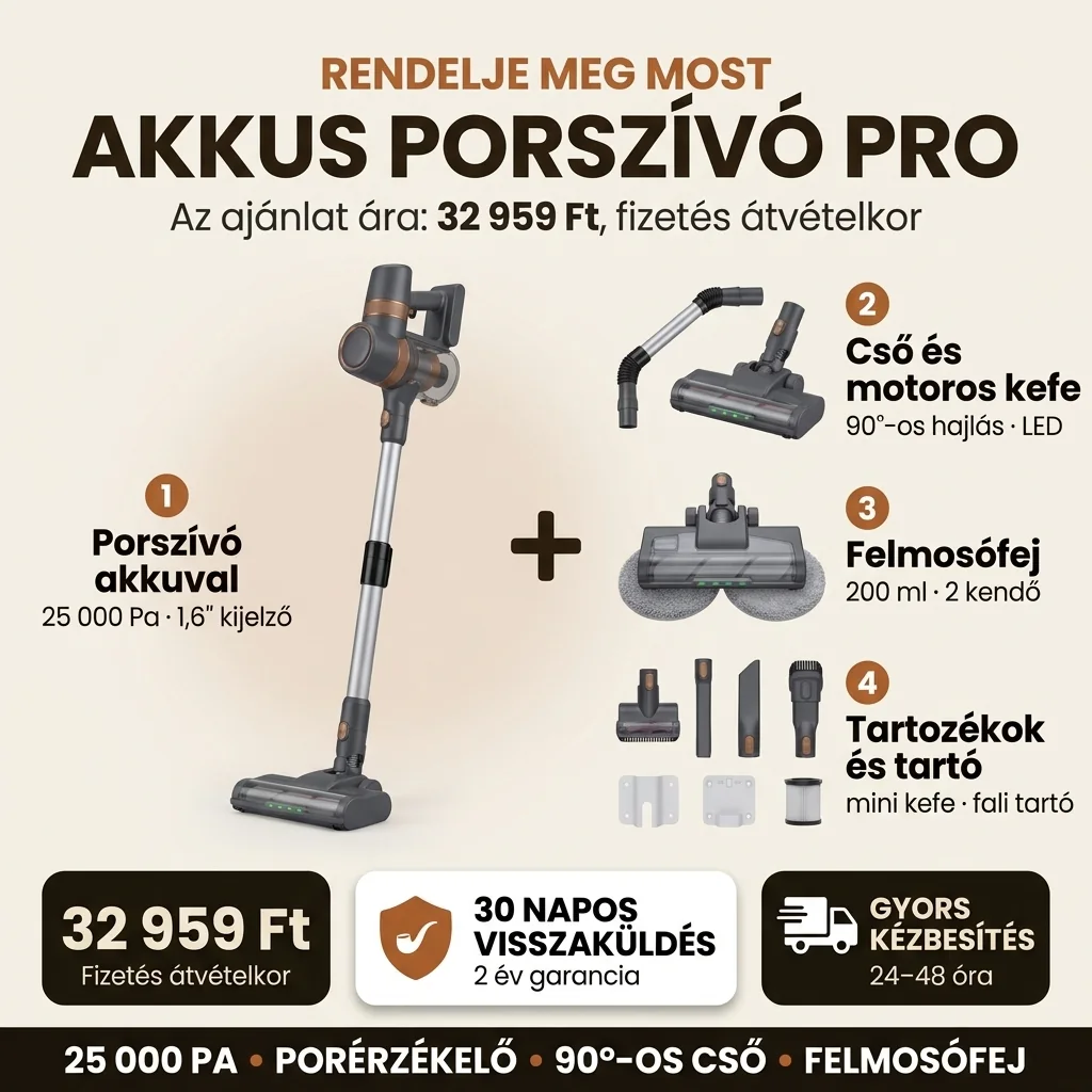Akkus porszívó PRO ajánlat: 11 részes készlet, 32 959 Ft, díjmentes utánvét, 30 napos visszaküldés, kézbesítés 24–48 órán belül