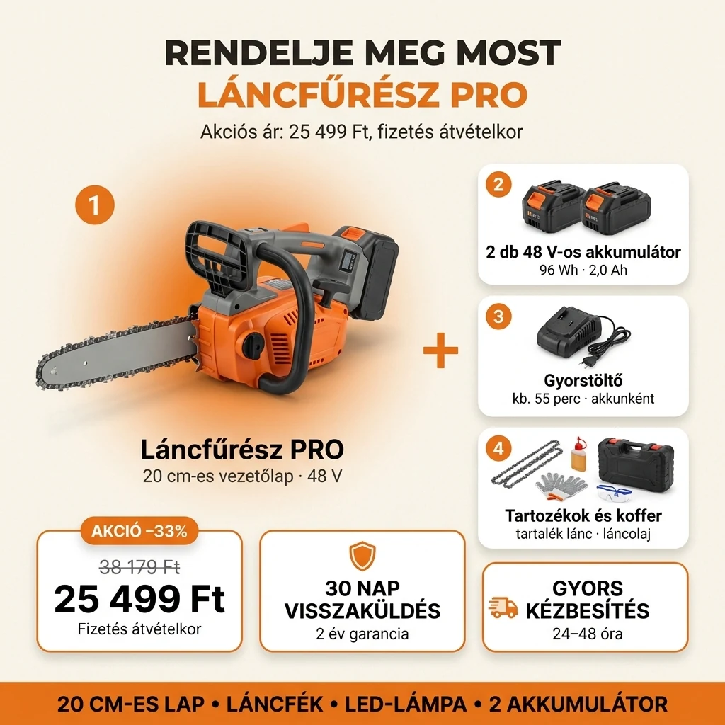A Láncfűrész PRO ajánlata: láncfűrész, két akkumulátor, gyorstöltő, tartozékok és koffer, 38 179 Ft helyett 25 499 Ft, fizetés átvételkor