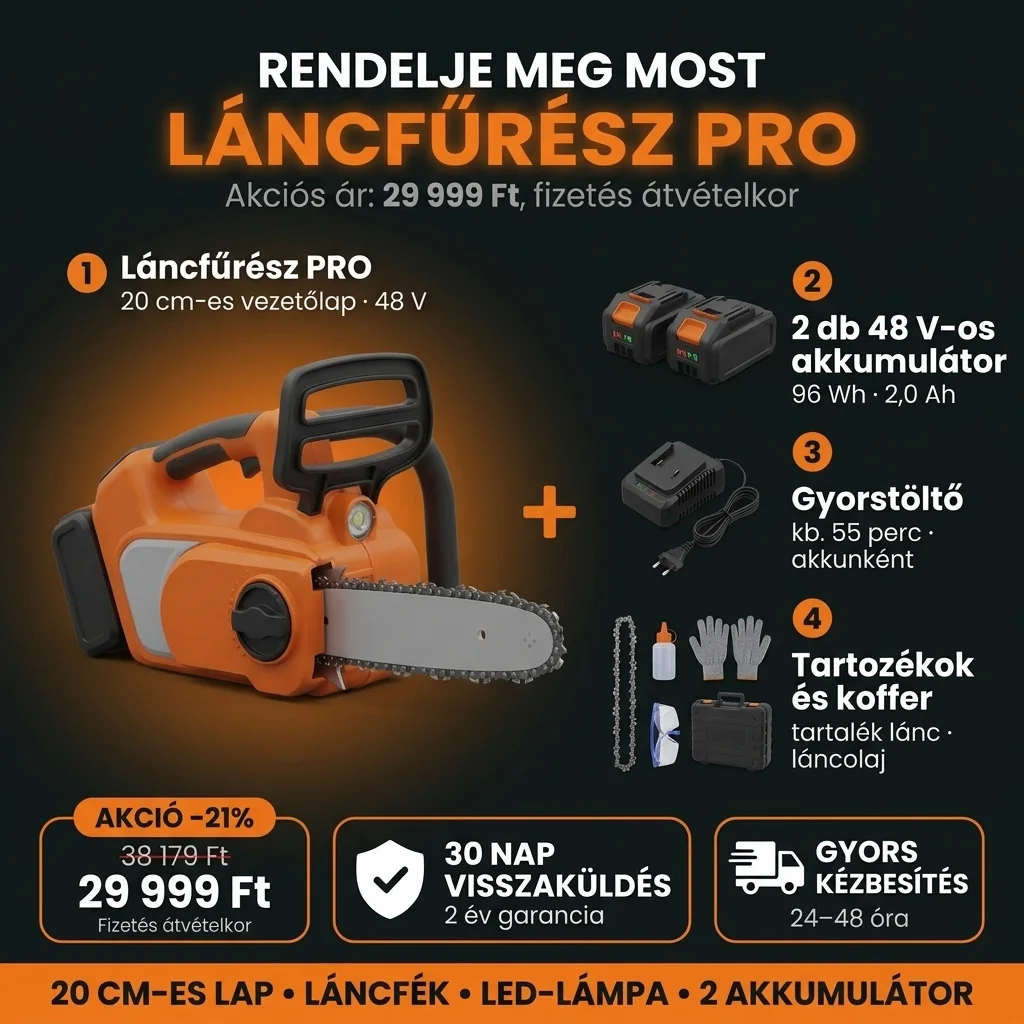 A Láncfűrész PRO ajánlata: láncfűrész, két akkumulátor, gyorstöltő, tartozékok és koffer, 38 179 Ft helyett 29 999 Ft, fizetés átvételkor
