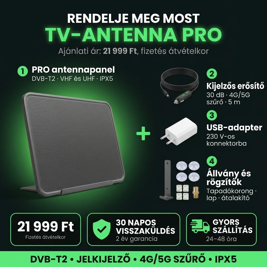 A TV-antenna PRO ajánlata: panel, kijelzős erősítő és szerelőkészlet, 21 999 Ft, fizetés átvételkor