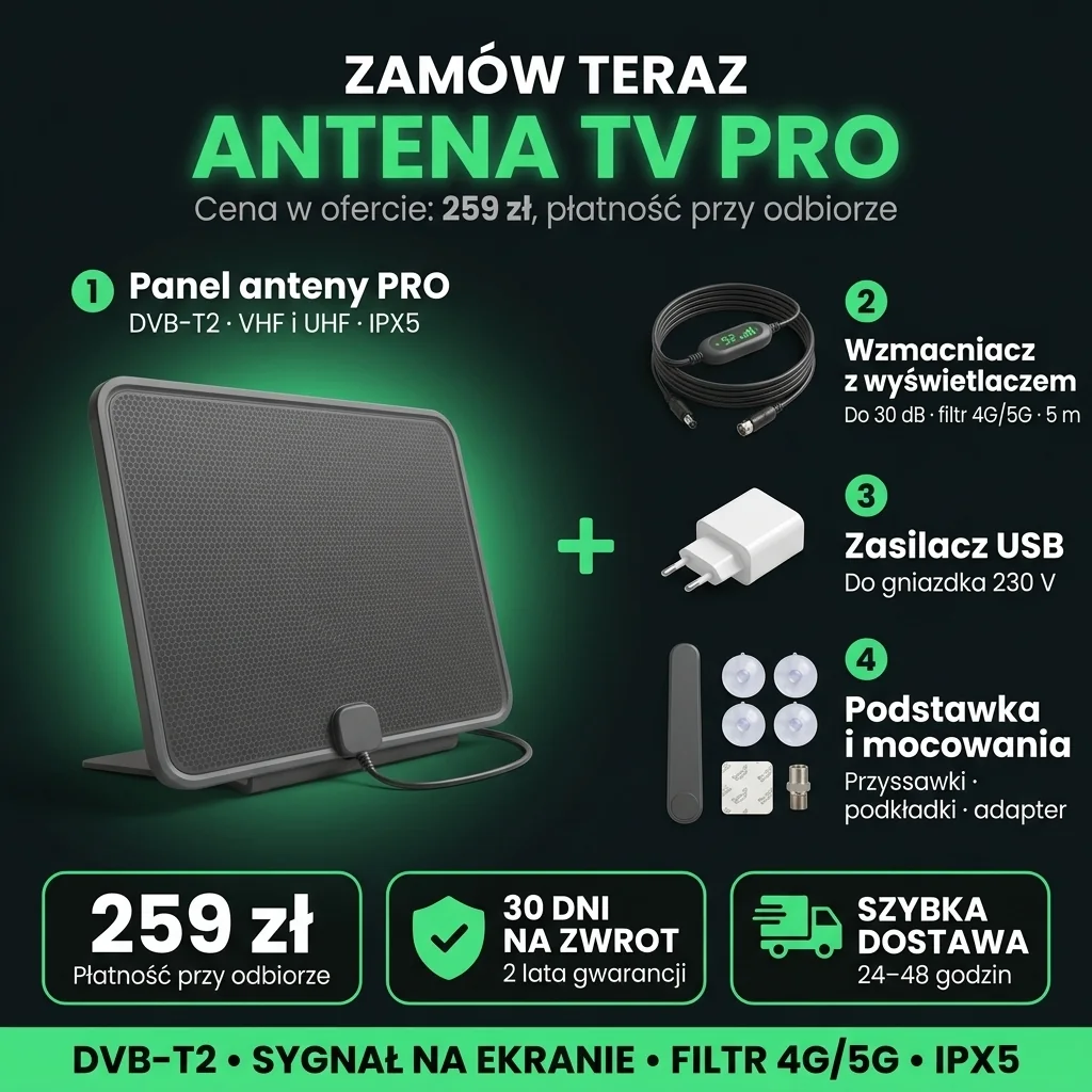Oferta Antena TV PRO: panel, wzmacniacz z wyświetlaczem i zestaw montażowy, 259 zł, płatność przy odbiorze