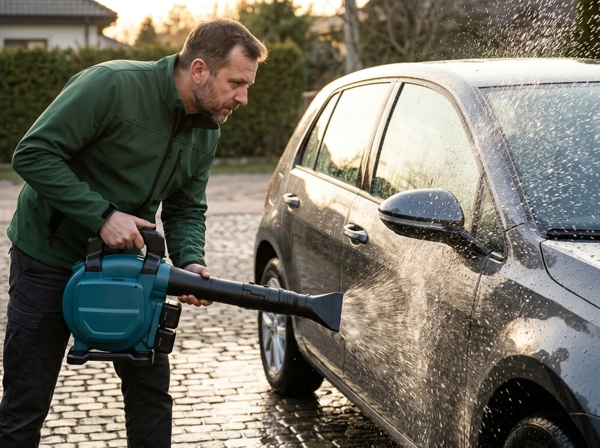 Auto po myciu przed garażem