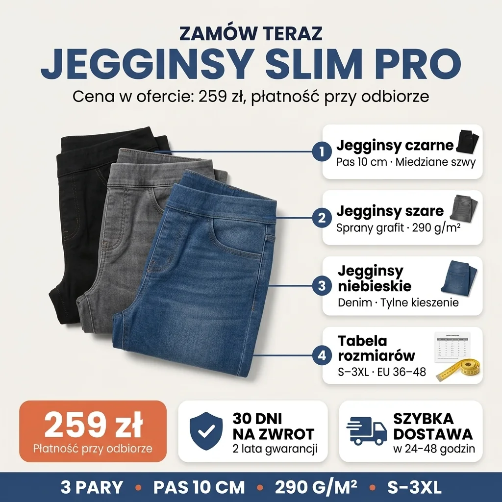 Oferta jegginsów slim PRO: 3 pary, czarne, szare i niebieskie, płatność przy odbiorze