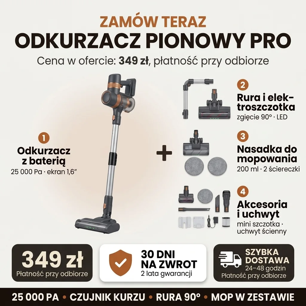 Oferta Odkurzacz pionowy PRO: zestaw 11 elementów, 349 zł, płatność przy odbiorze, 30 dni na zwrot, dostawa w 24–48 godzin