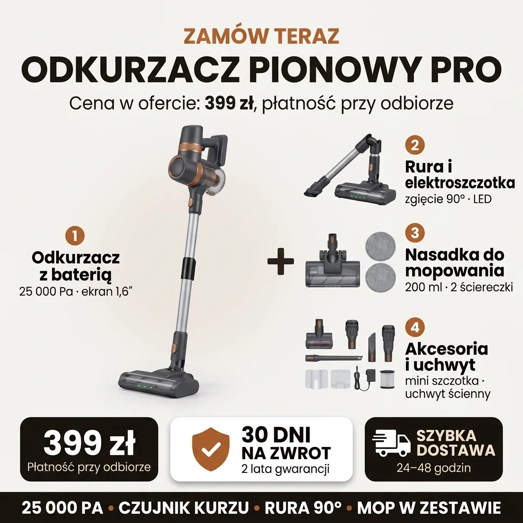 Oferta Odkurzacz pionowy PRO: zestaw 11 elementów, 399 zł, płatność przy odbiorze, 30 dni na zwrot, dostawa w 24–48 godzin