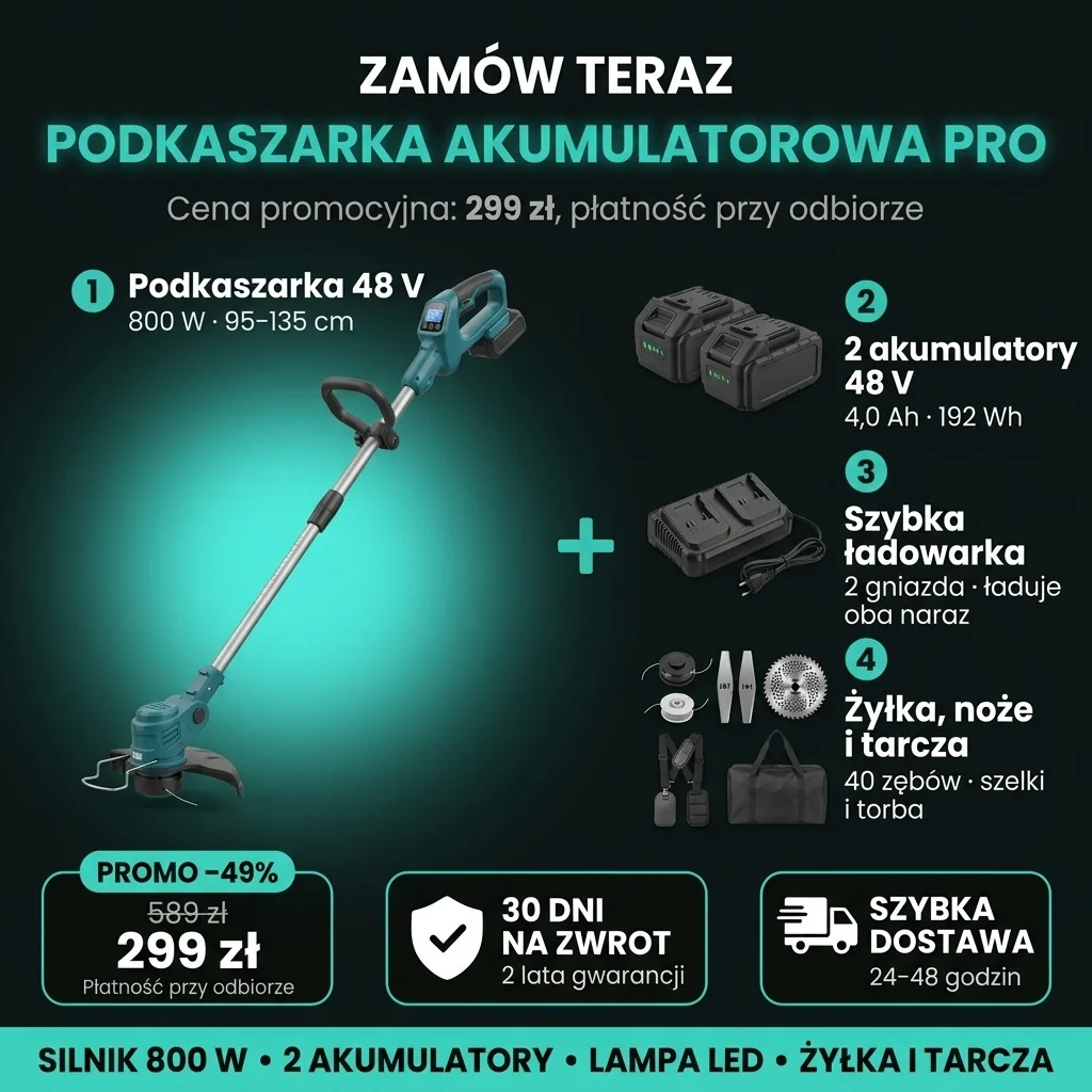 Oferta Podkaszarki akumulatorowej PRO: podkaszarka 48 V, dwa akumulatory, ładowarka, żyłka, noże i tarcza, 299 zł zamiast 589 zł, płatność przy odbiorze
