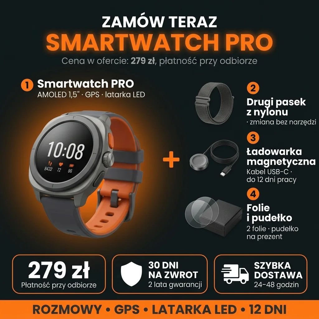 Oferta Smartwatch PRO: zegarek, drugi pasek, ładowarka i pudełko, 279 zł, płatność przy odbiorze