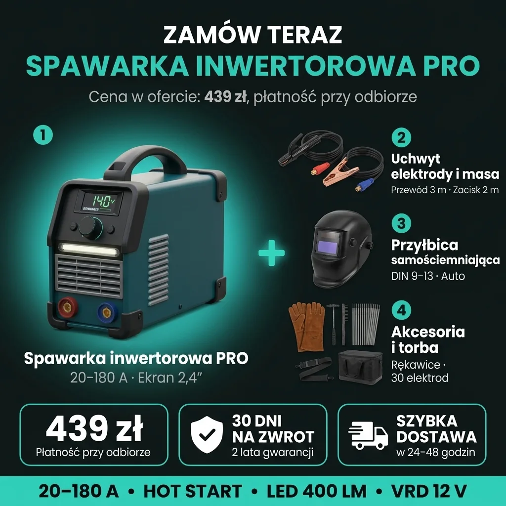 Oferta Spawarka inwertorowa PRO: zestaw w 4 pozycjach, 439 zł, płatność przy odbiorze, 30 dni na zwrot, dostawa w 24–48 godzin