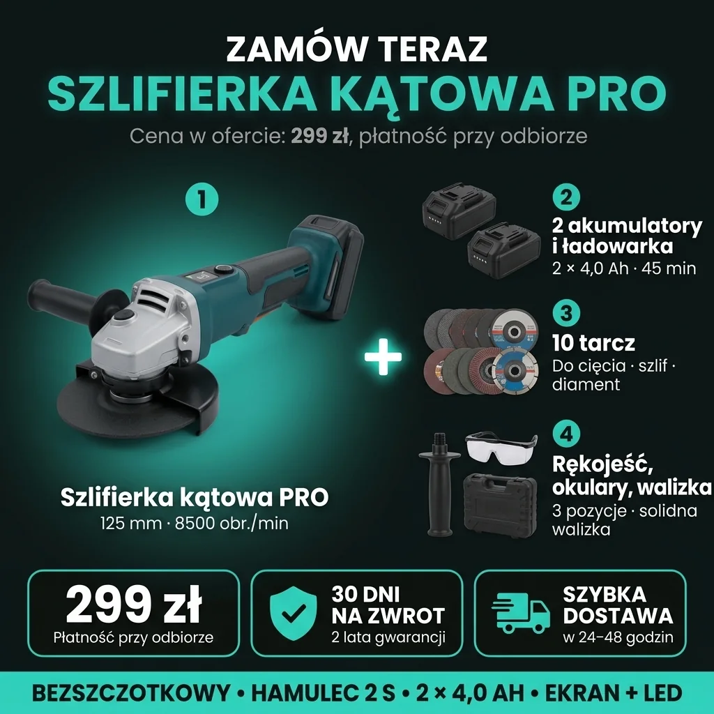 Oferta Szlifierka kątowa PRO: zestaw w 4 pozycjach, 299 zł, płatność przy odbiorze, 30 dni na zwrot, dostawa w 24–48 godzin