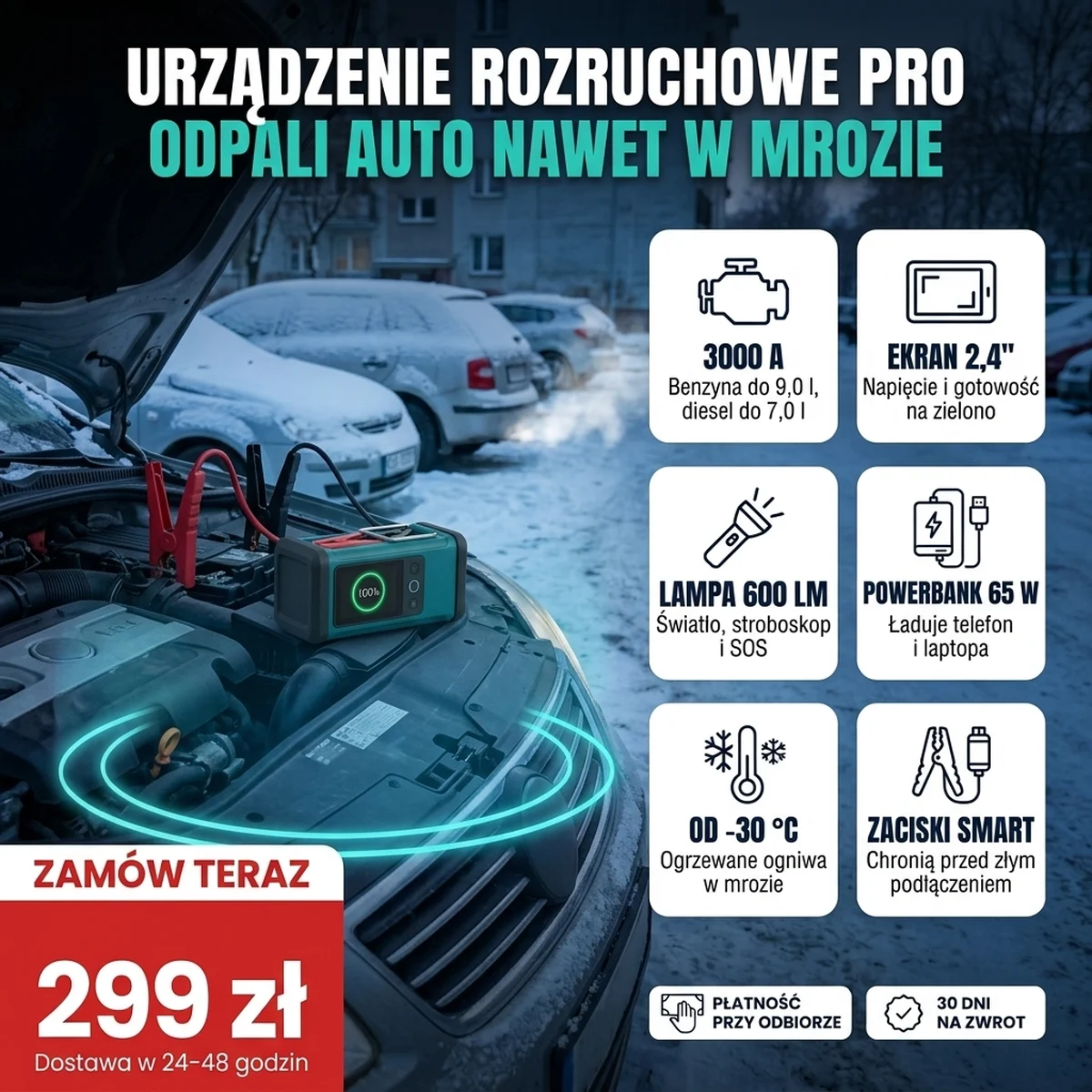 Urządzenie rozruchowe PRO podłączone do akumulatora auta w mroźny poranek, z kartami najważniejszych funkcji