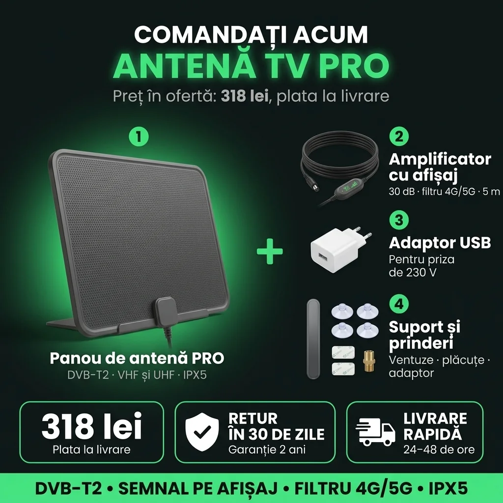 Oferta Antenă TV PRO: panou, amplificator cu afișaj și set de montaj, 318 lei, plata la livrare